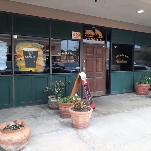 Exterior of The Bull & Bear Tavern & Eatery with Jameson and Guinness window paintings and potted plants.